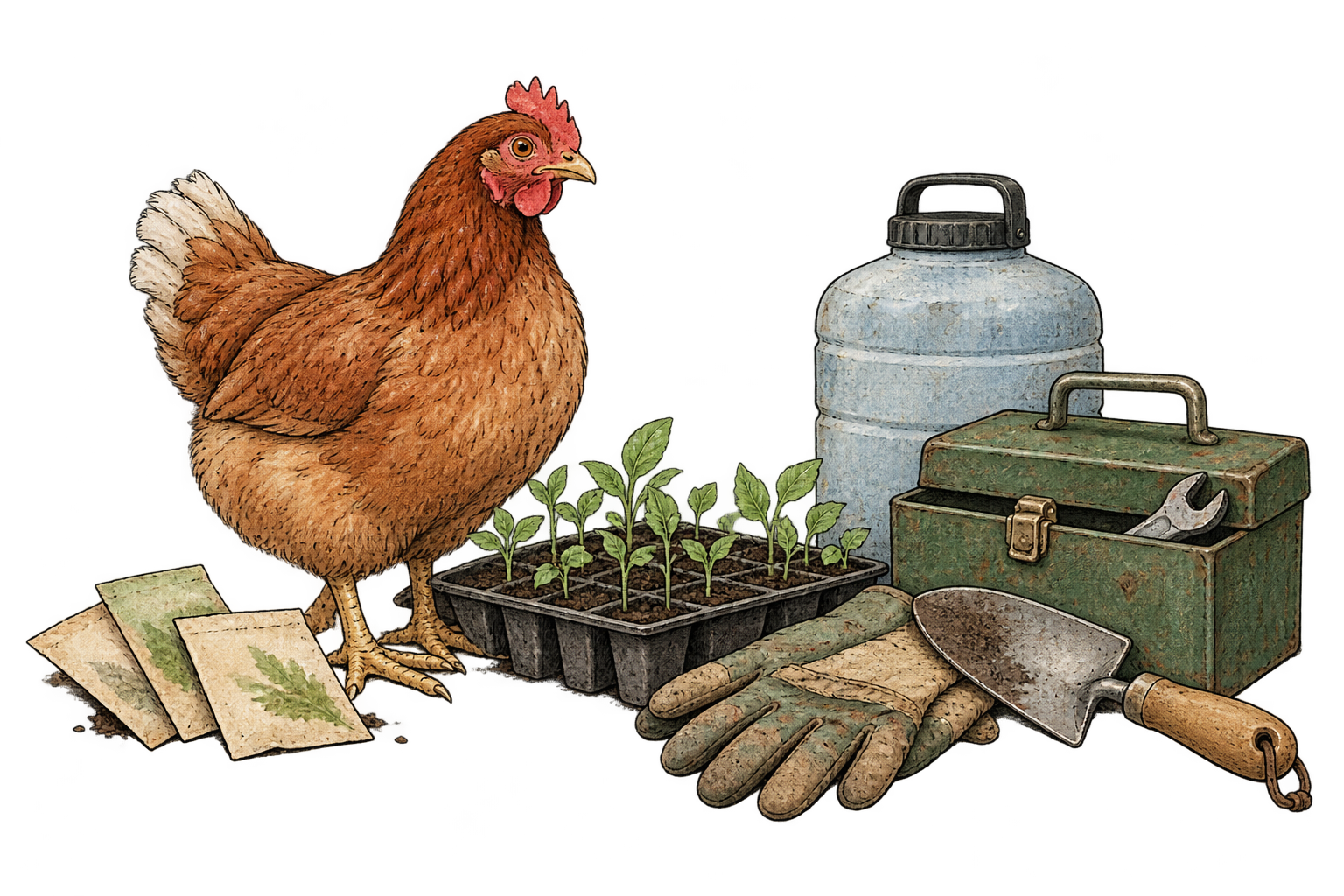 Illustration of a hen, seedlings, gardening tools, a toolbox, and a water jug